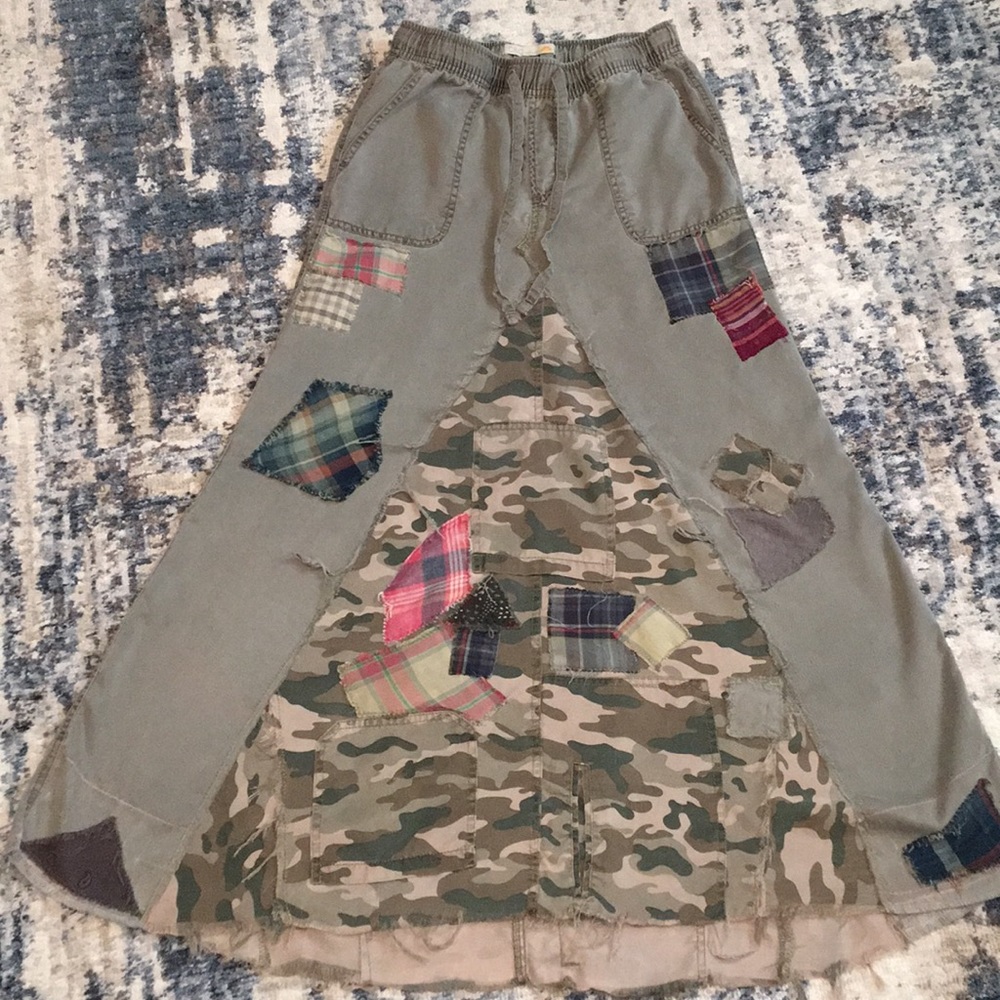 Upcycled patched camo C&C California camouflage boho hippie grunge maxi skirt